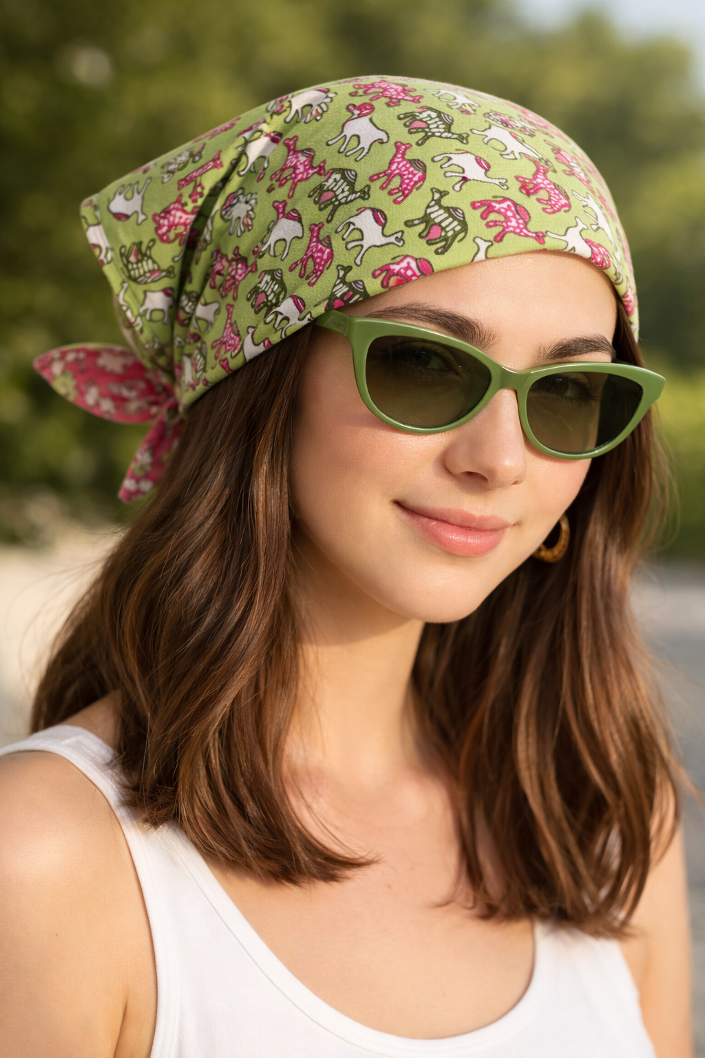 HOUSE OF PEHNAVA Green Camel Printed 100% Cotton Bandana