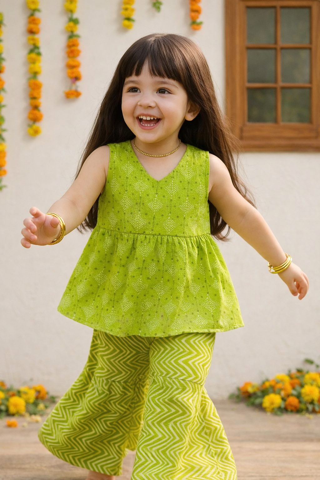 Girls Green Sharara 100% Cotton Co-ords