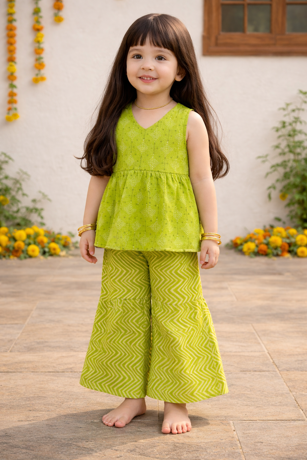 Girls Green Sharara 100% Cotton Co-ords