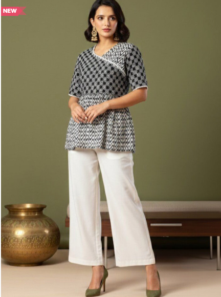 Black Floral Angrakha Printed Tunic with Palazzos