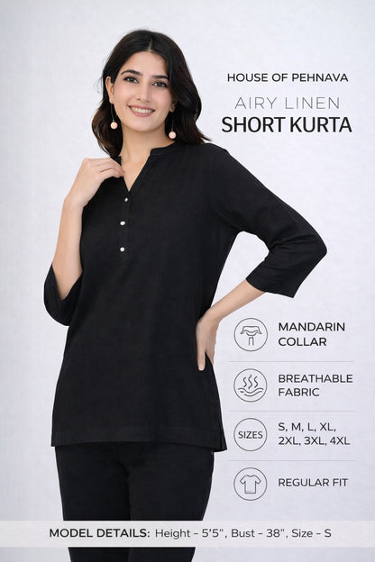 Black Blue Airy Linen Short Kurti