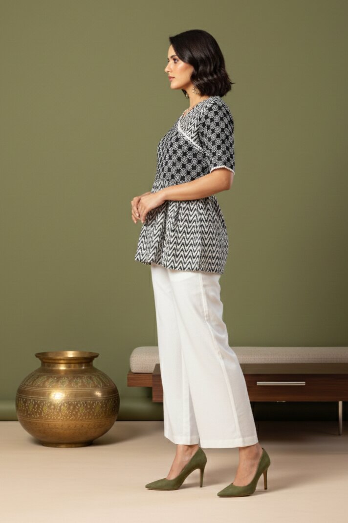 Black Floral Angrakha Printed Tunic with Palazzos
