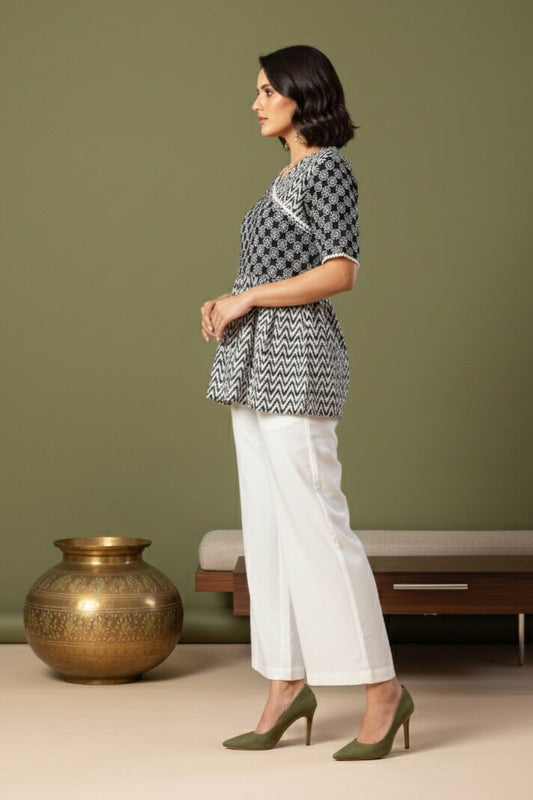 Black Floral Angrakha Printed Tunic with Palazzos