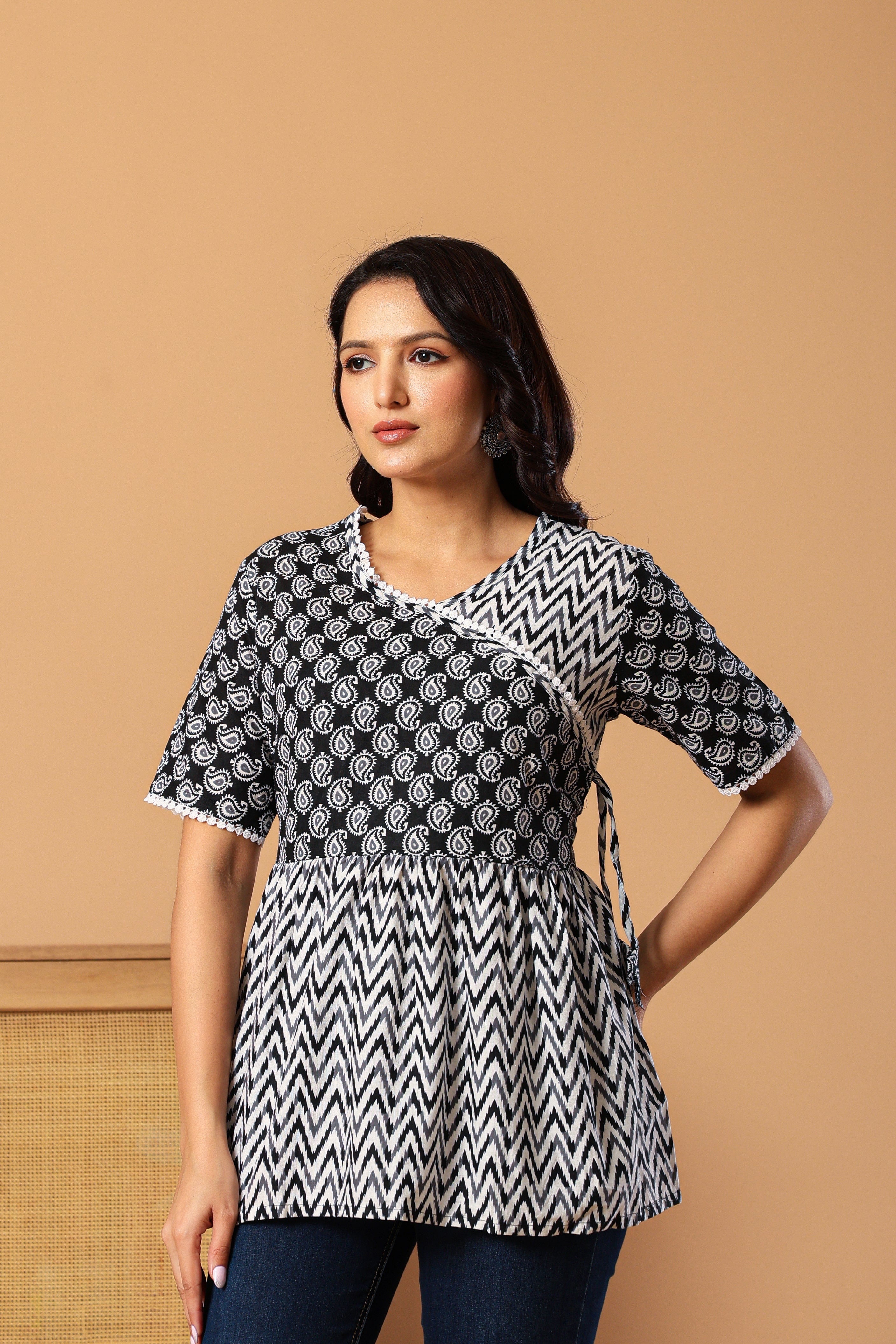 Ethnic Motifs Printed V-Neck Pure Cotton Angrakha Kurti