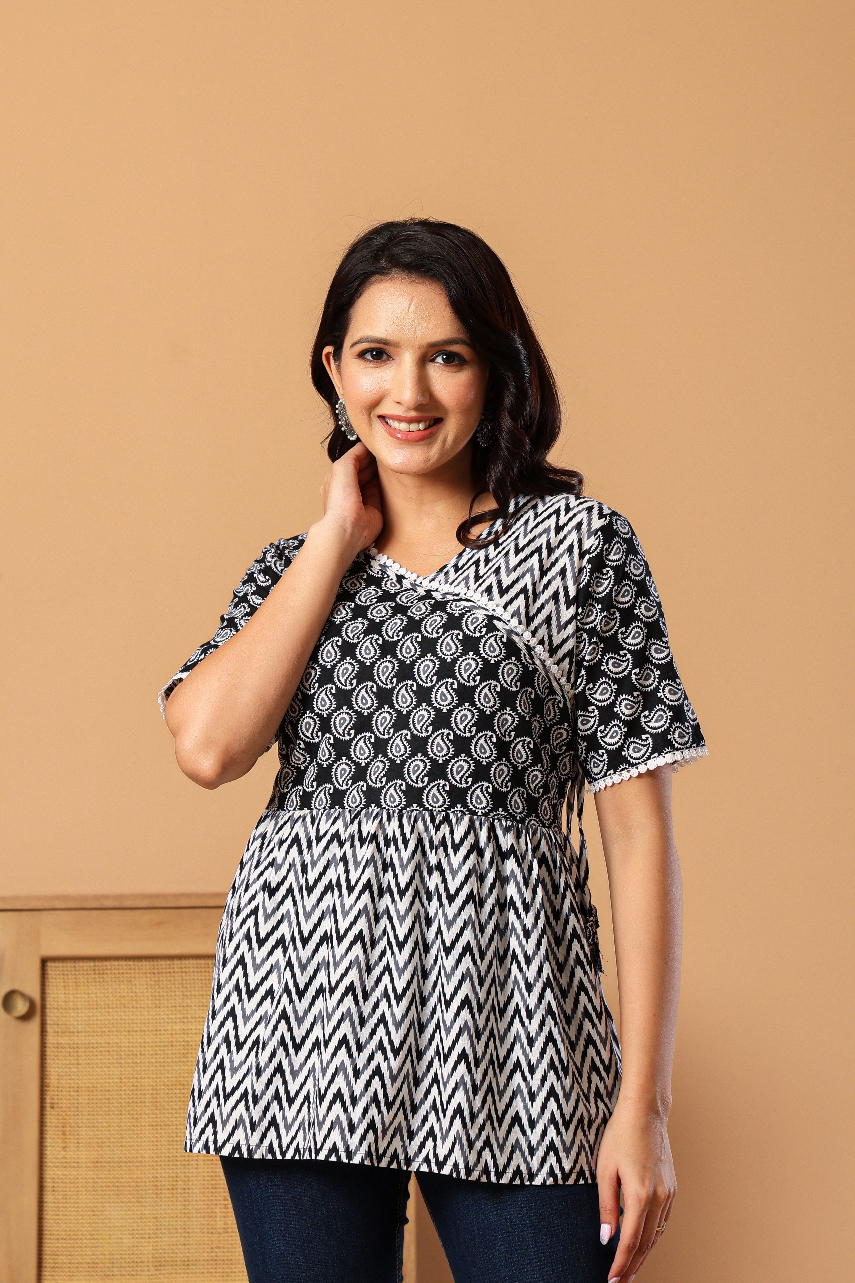 Ethnic Motifs Printed V-Neck Pure Cotton Angrakha Kurti