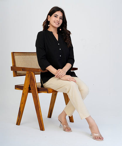 Black Blue Airy Linen Short Kurti