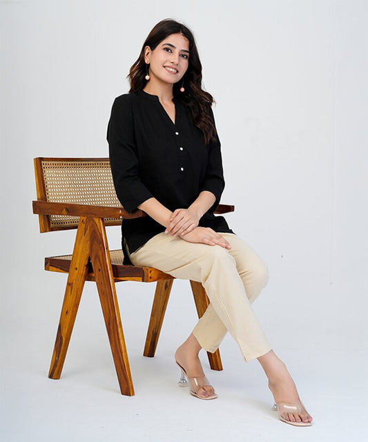 Black Blue Airy Linen Short Kurti