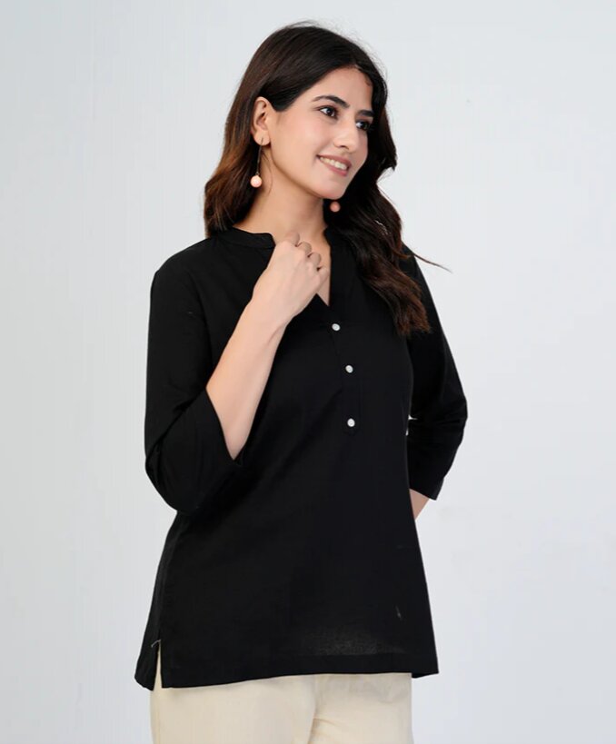 Black Blue Airy Linen Short Kurti