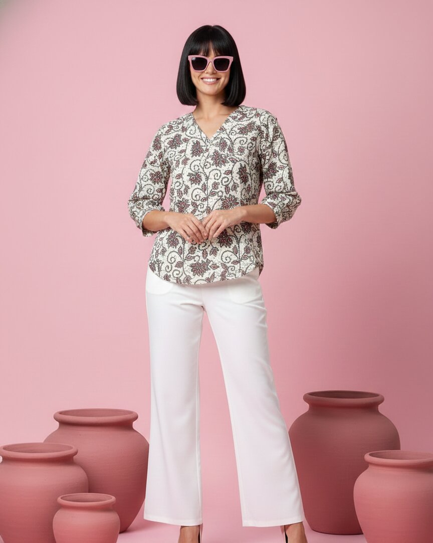 Print Ethnic Cotton Cream Top