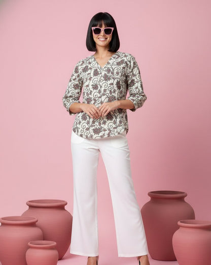 Print Ethnic Cotton Cream Top