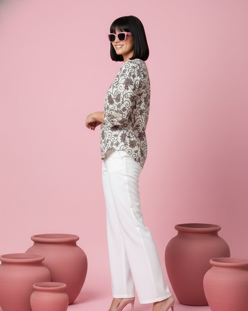 Print Ethnic Cotton Cream Top