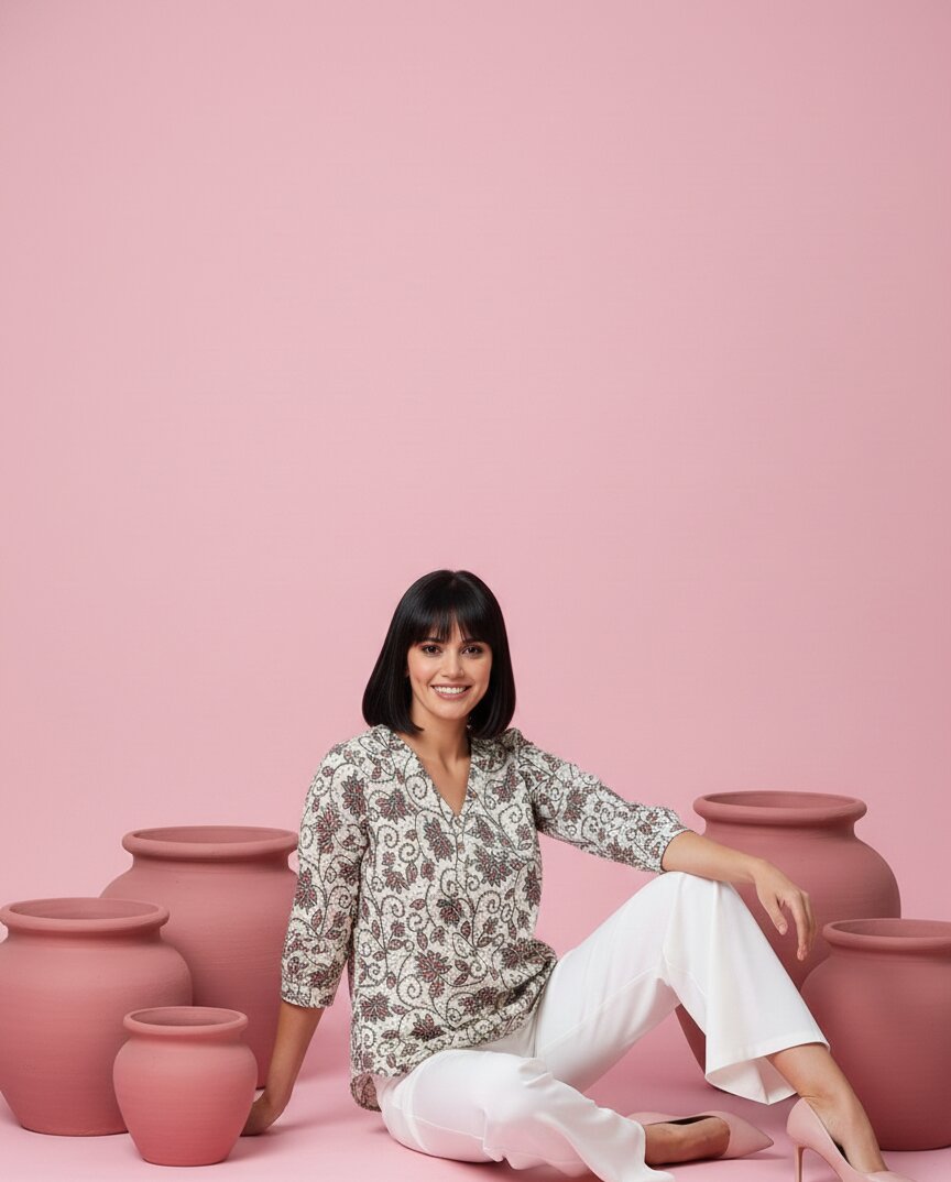 Print Ethnic Cotton Cream Top