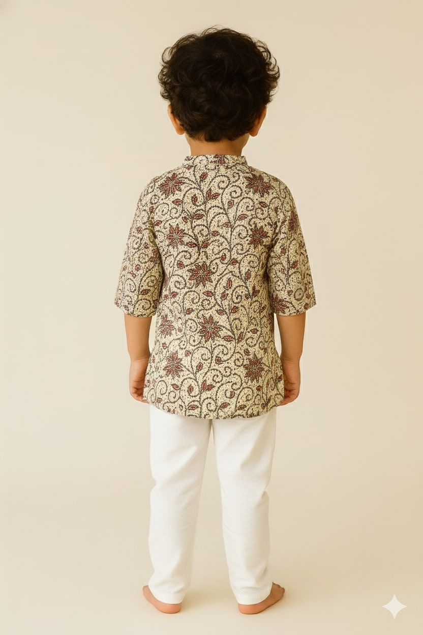 Boys Cream Cotton Floral Block Print Kurta