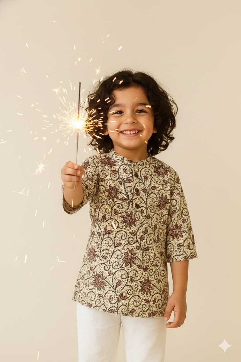 Boys Cream Cotton Floral Block Print Kurta