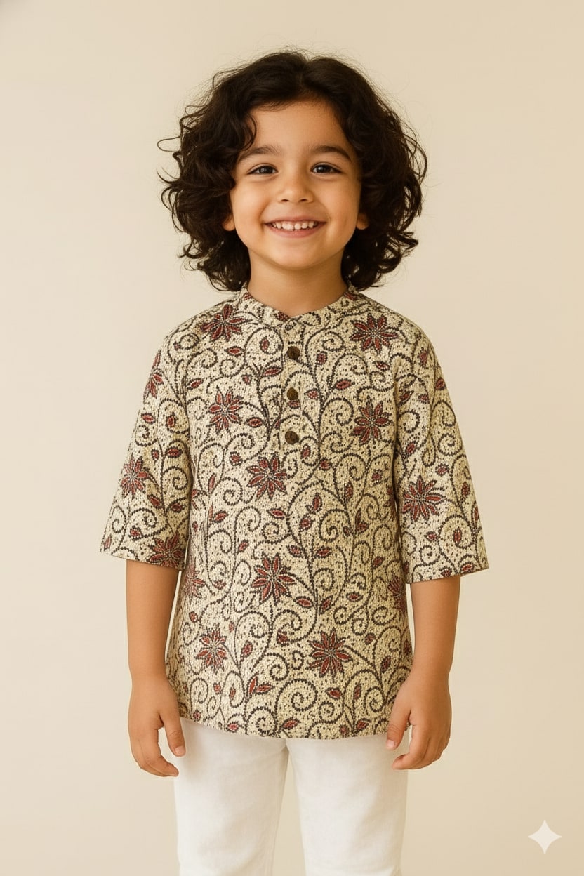 Boys Cream Cotton Floral Block Print Kurta