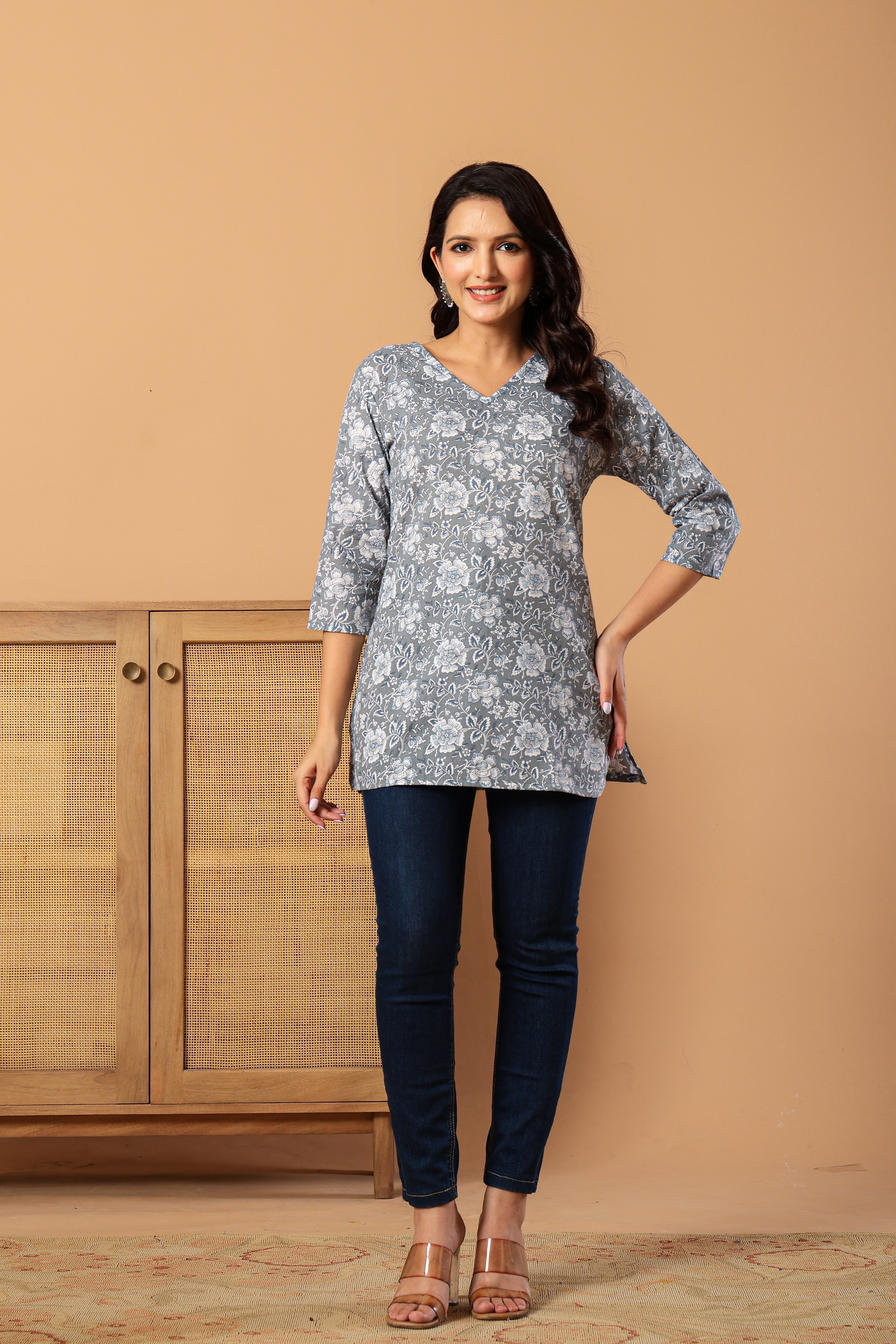Floral Grey Printed V-Neck Pure Cotton Kurti