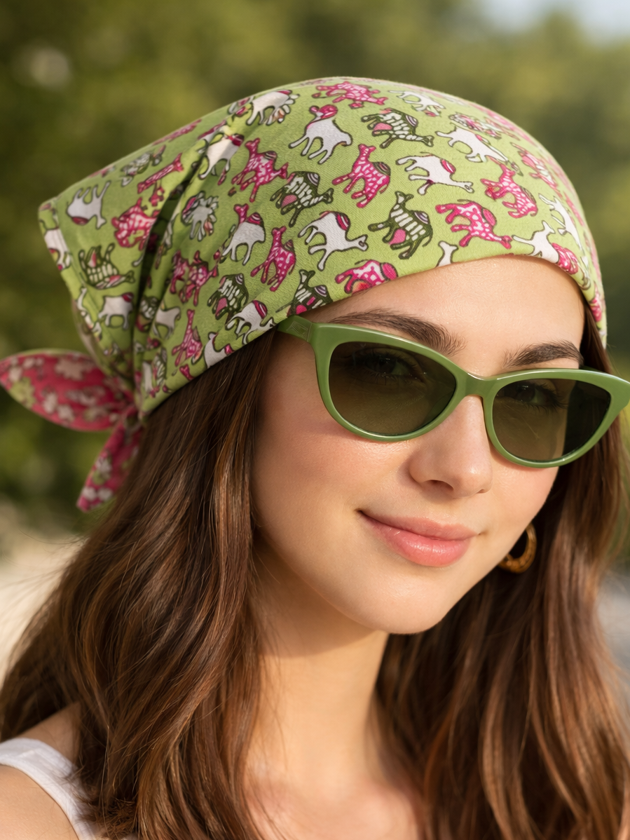 HOUSE OF PEHNAVA Green Camel Printed 100% Cotton Bandana