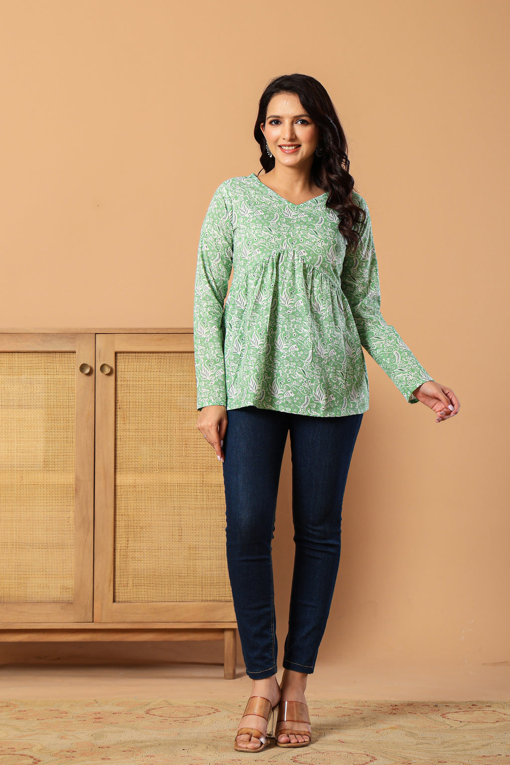 Ethnic Motifs Printed V-Neck Pure Cotton Empire Kurti