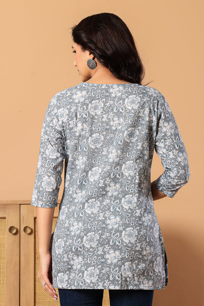 Print Ethnic Cotton Grey Top
