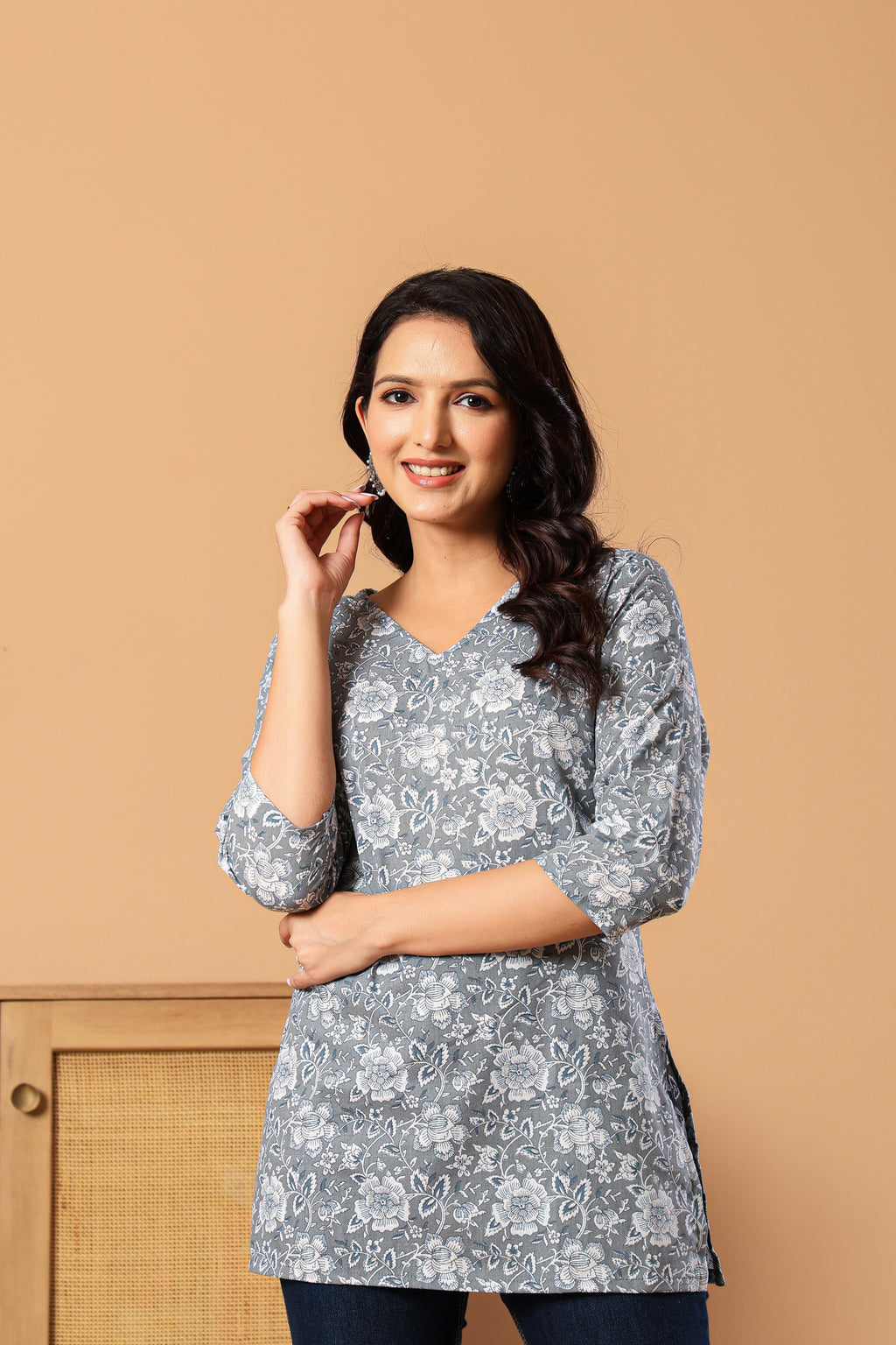 Floral Grey Printed V-Neck Pure Cotton Kurti