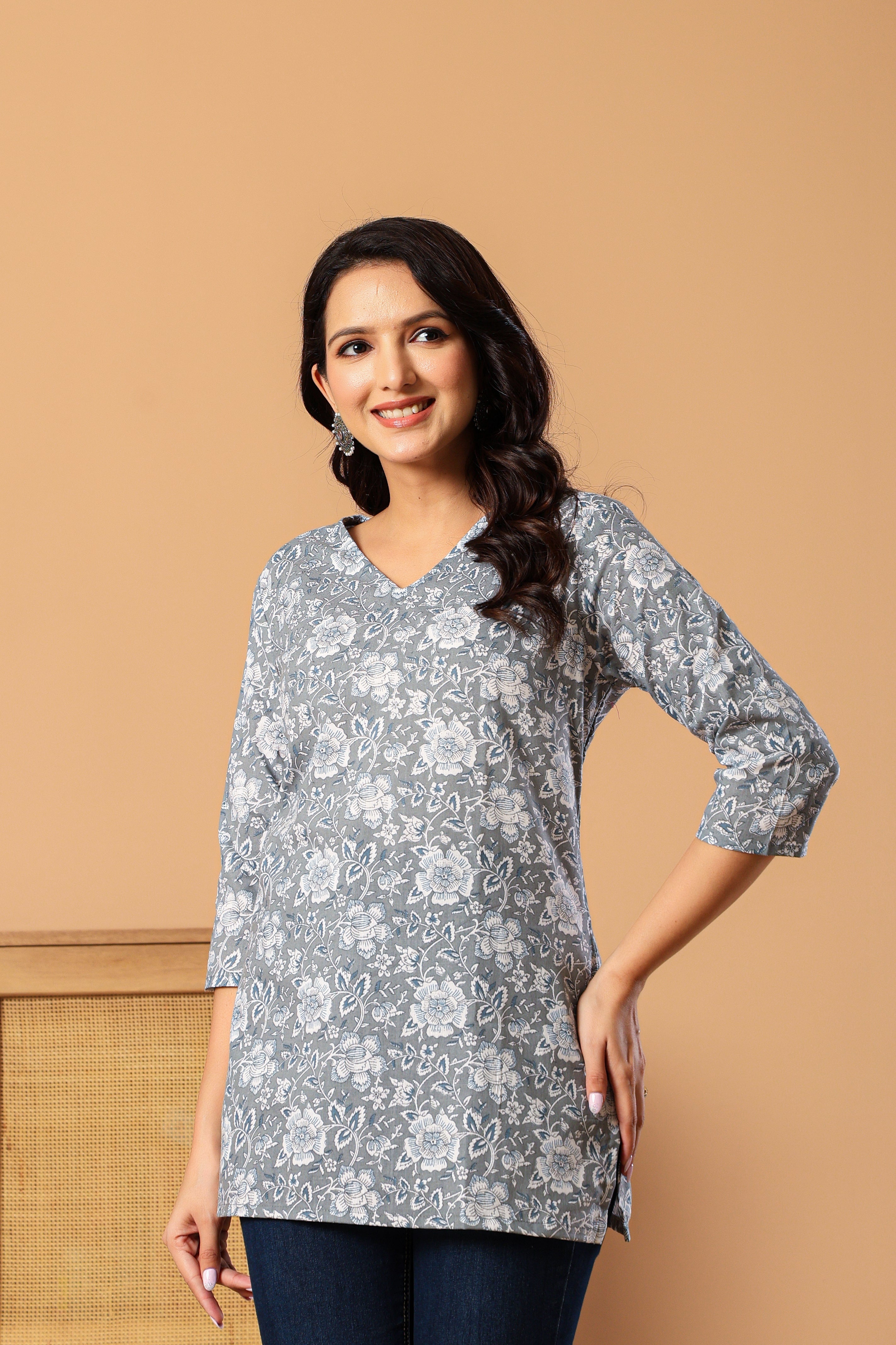 Floral Grey Printed V-Neck Pure Cotton Kurti