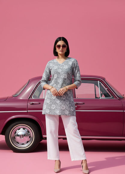Print Ethnic Cotton Grey Top