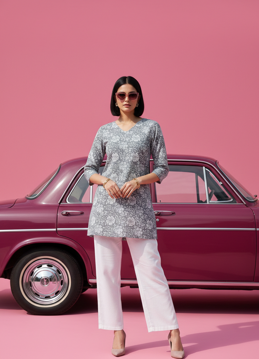 Print Ethnic Cotton Grey Top