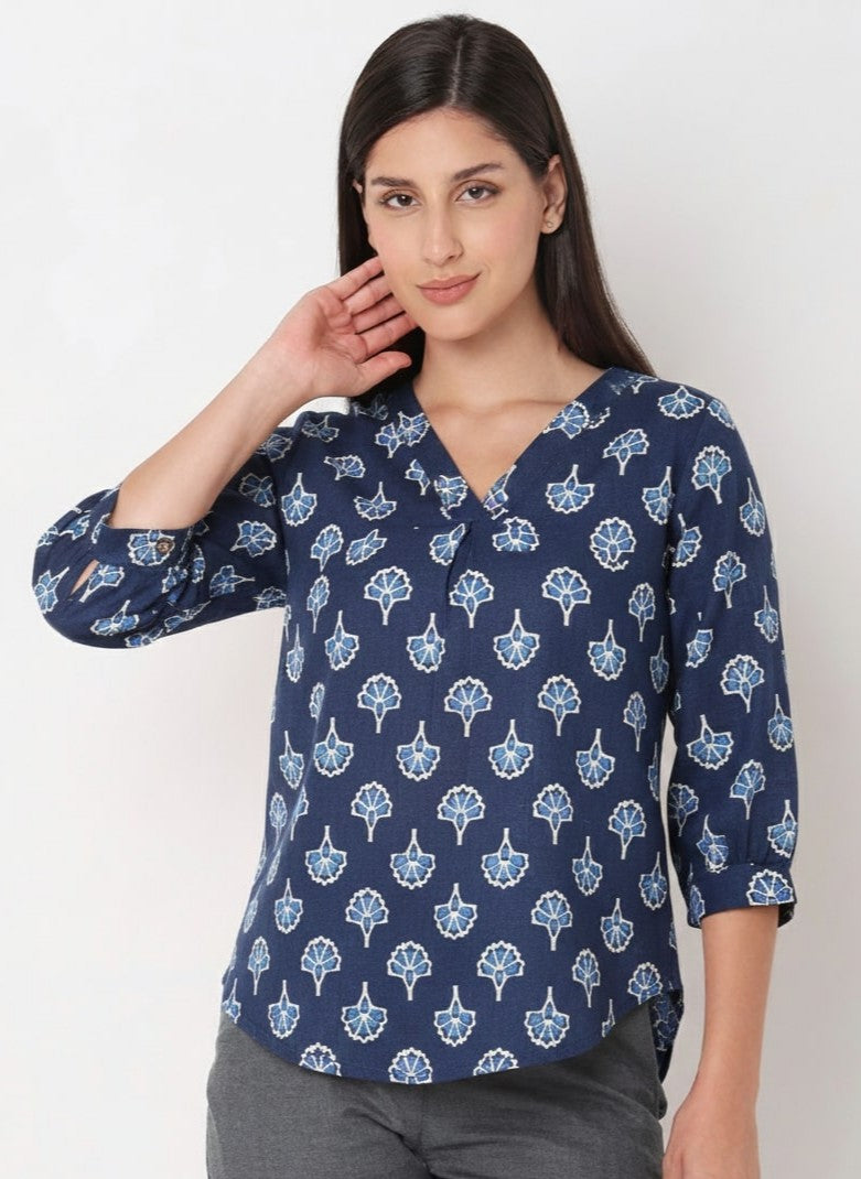 Print Ethnic Cotton Indigo Top