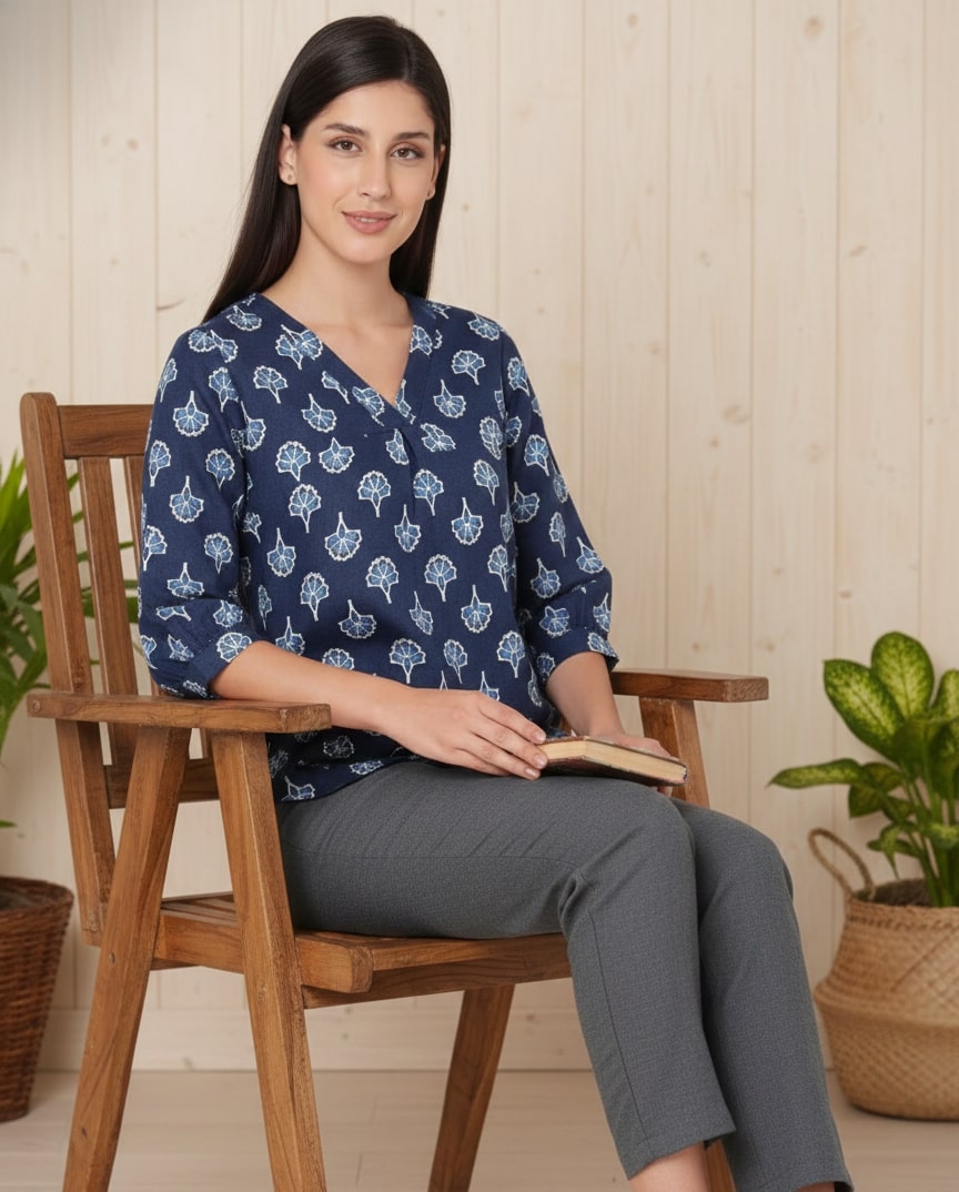 Indigo Office Wear Top 100% Cotton