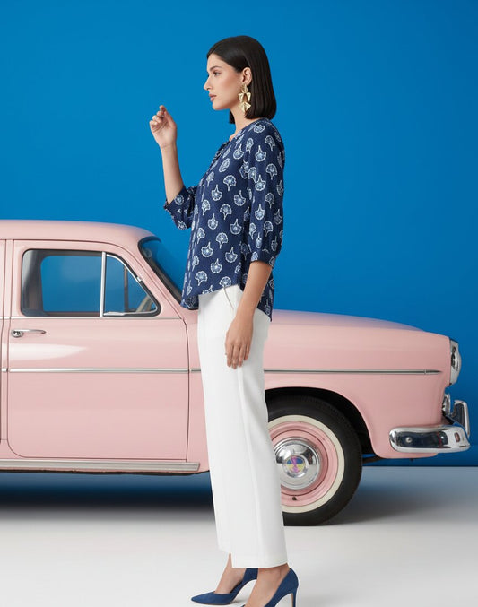 Print Ethnic Cotton Indigo Top