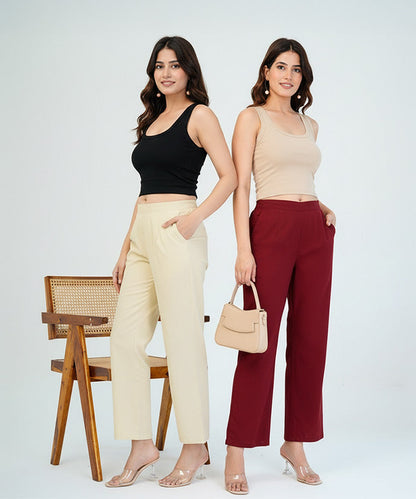 Beige & Maroon Wide Leg Cotton Pant Combo