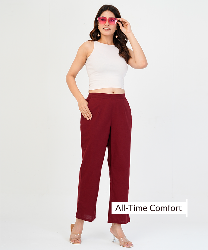 Beige & Maroon Wide Leg Cotton Pant Combo