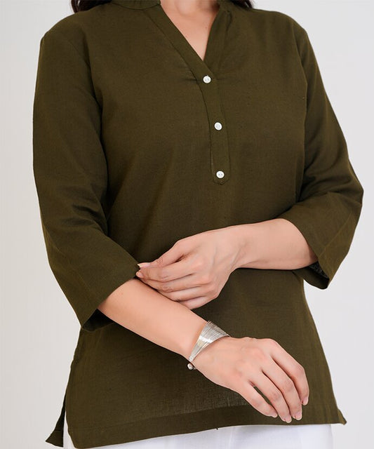 Olive Green Airy Linen Short Kurta