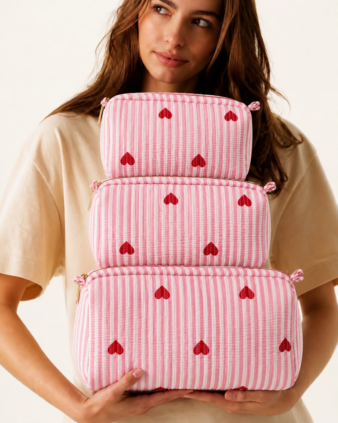Pink Striped Quilted Cotton Bag