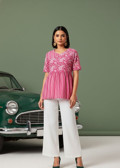Pink Floral Angrakha Printed Tunic with Palazzos