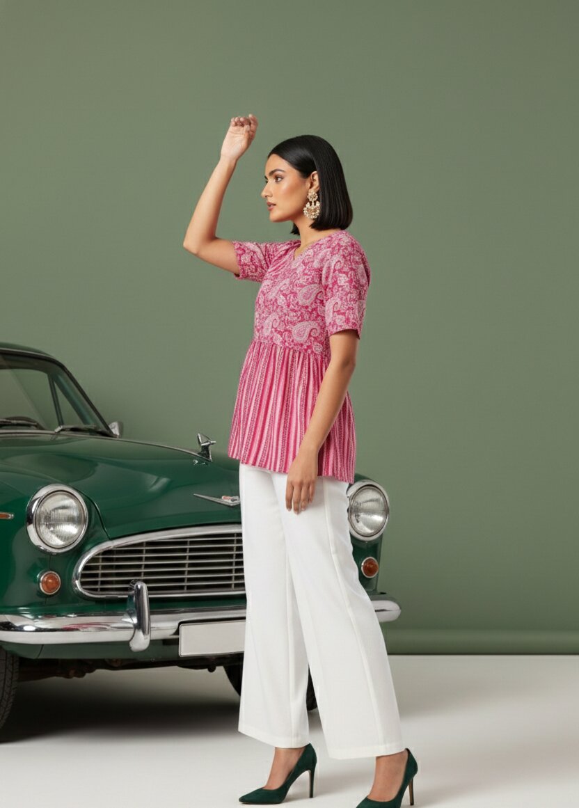 Pink Floral Angrakha Printed Tunic with Palazzos