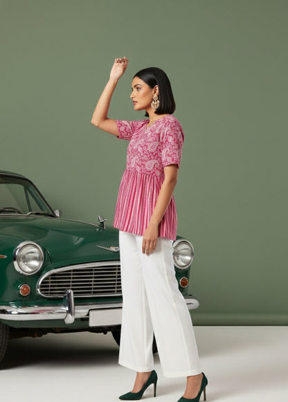 Pink Floral Angrakha Printed Tunic with Palazzos