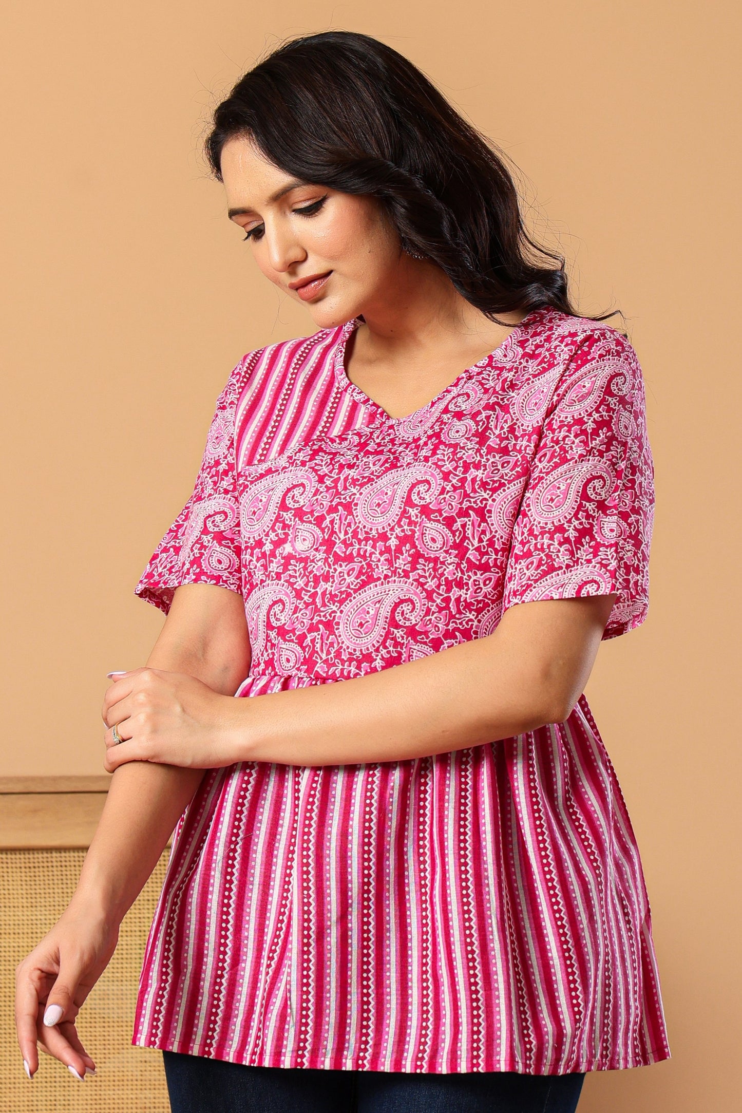Pink Floral Angrakha Printed Tunic with Palazzos