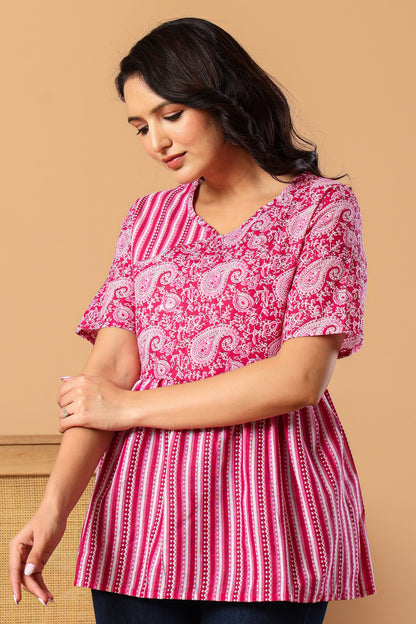Pink Floral Angrakha Printed Tunic with Palazzos