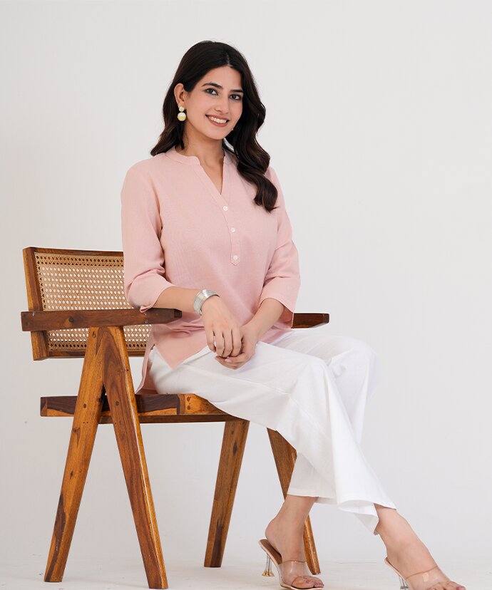Peach Airy Linen Short Kurti