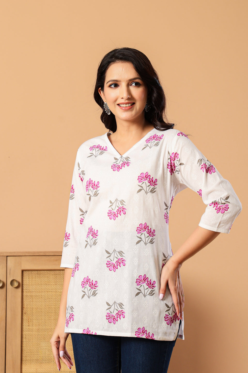 Floral Printed V-Neck Pure Cotton Kurti