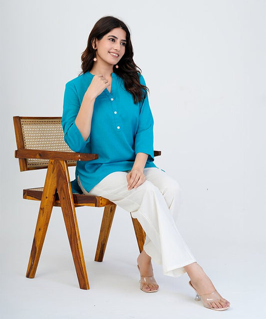 Tate Blue Airy Linen Short Kurti