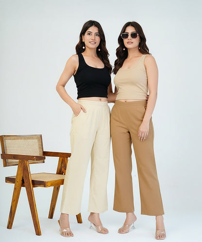 Beige & Coffee Brown Wide Leg Cotton Pant Combo