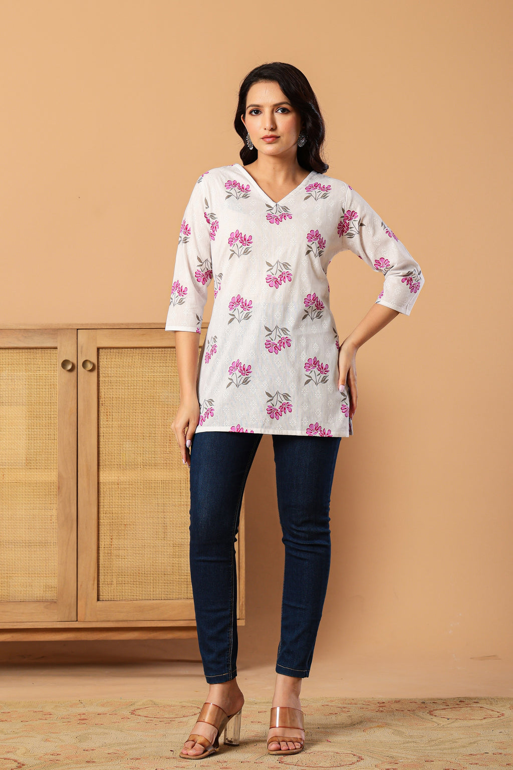 Floral Printed V-Neck Pure Cotton Kurti