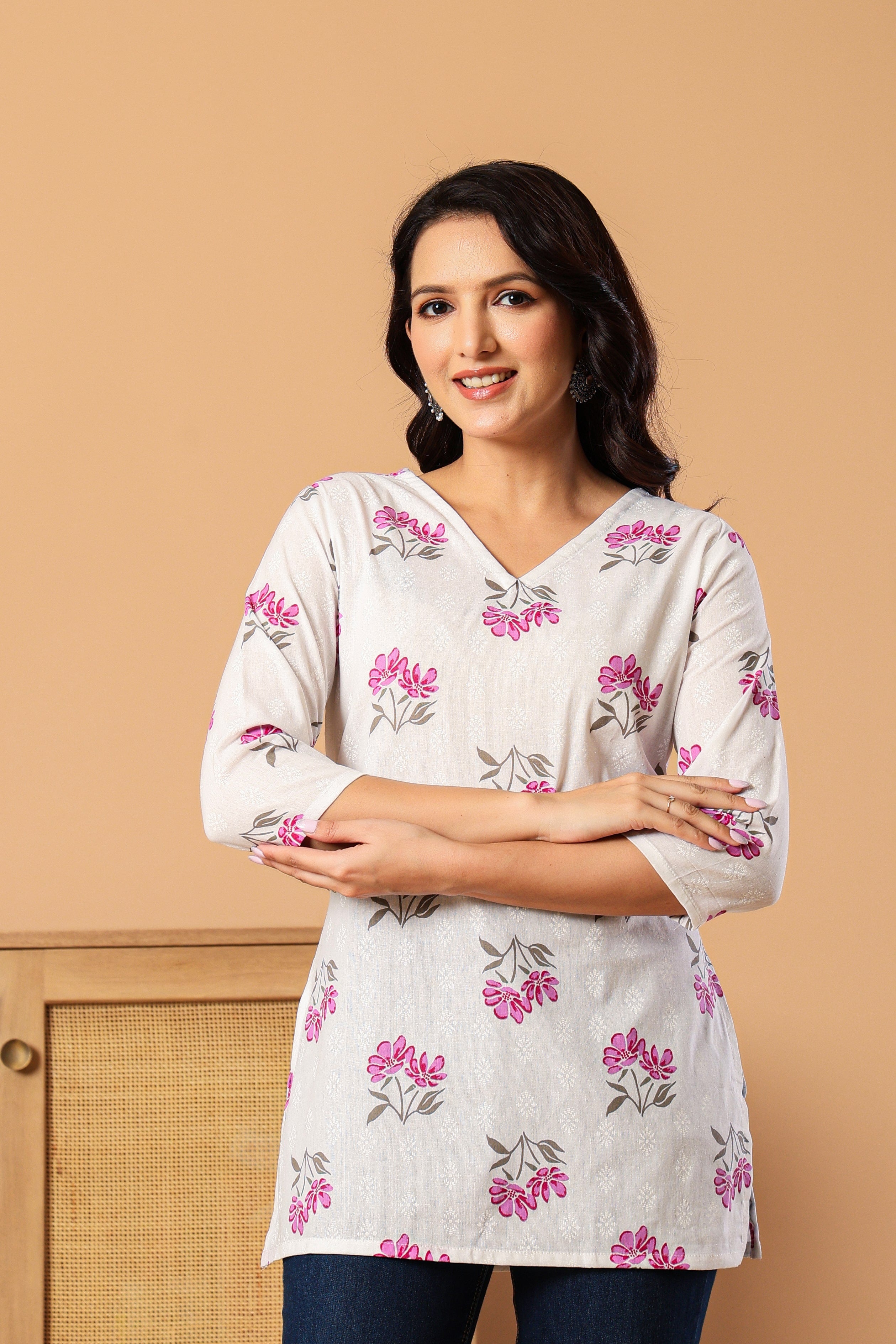 Floral Printed V-Neck Pure Cotton Kurti