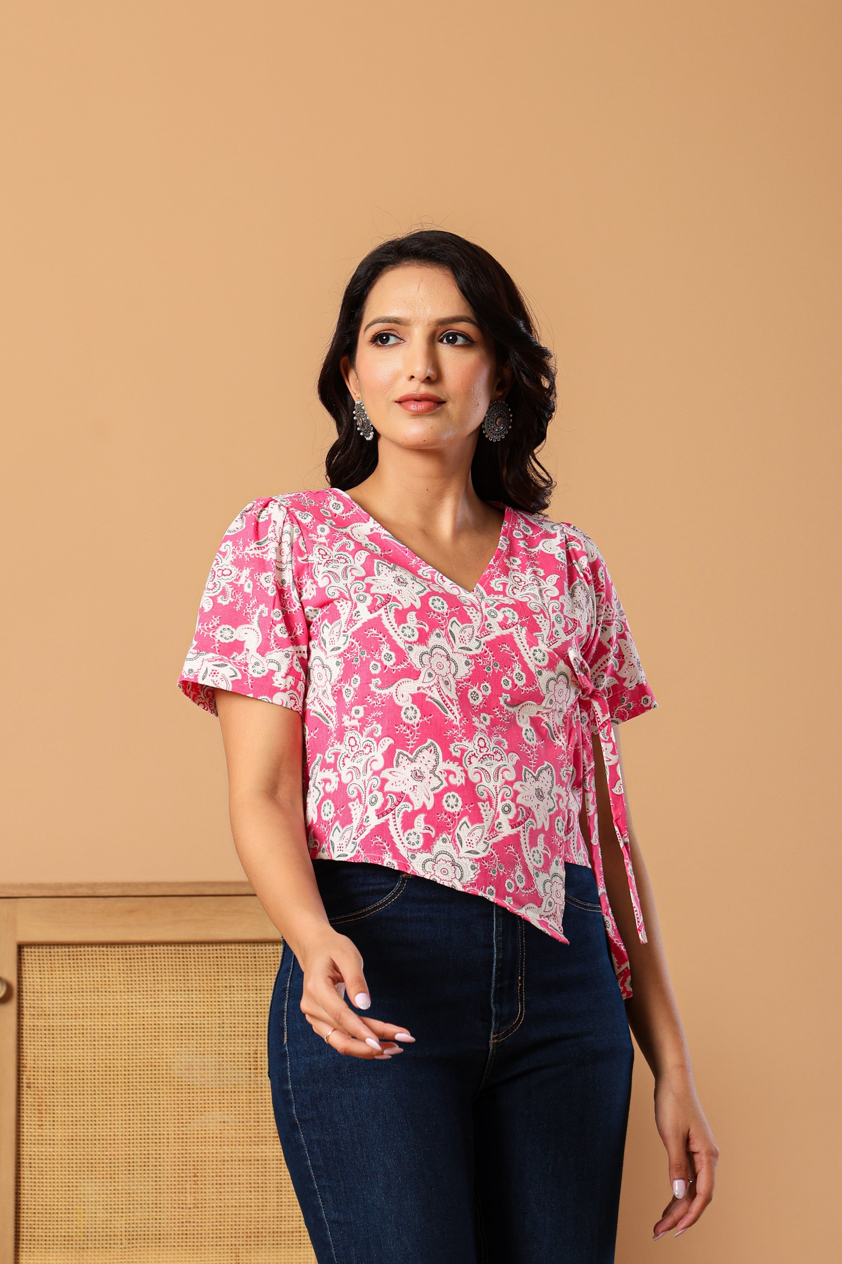 Women Pink Print Wrap Cotton Top