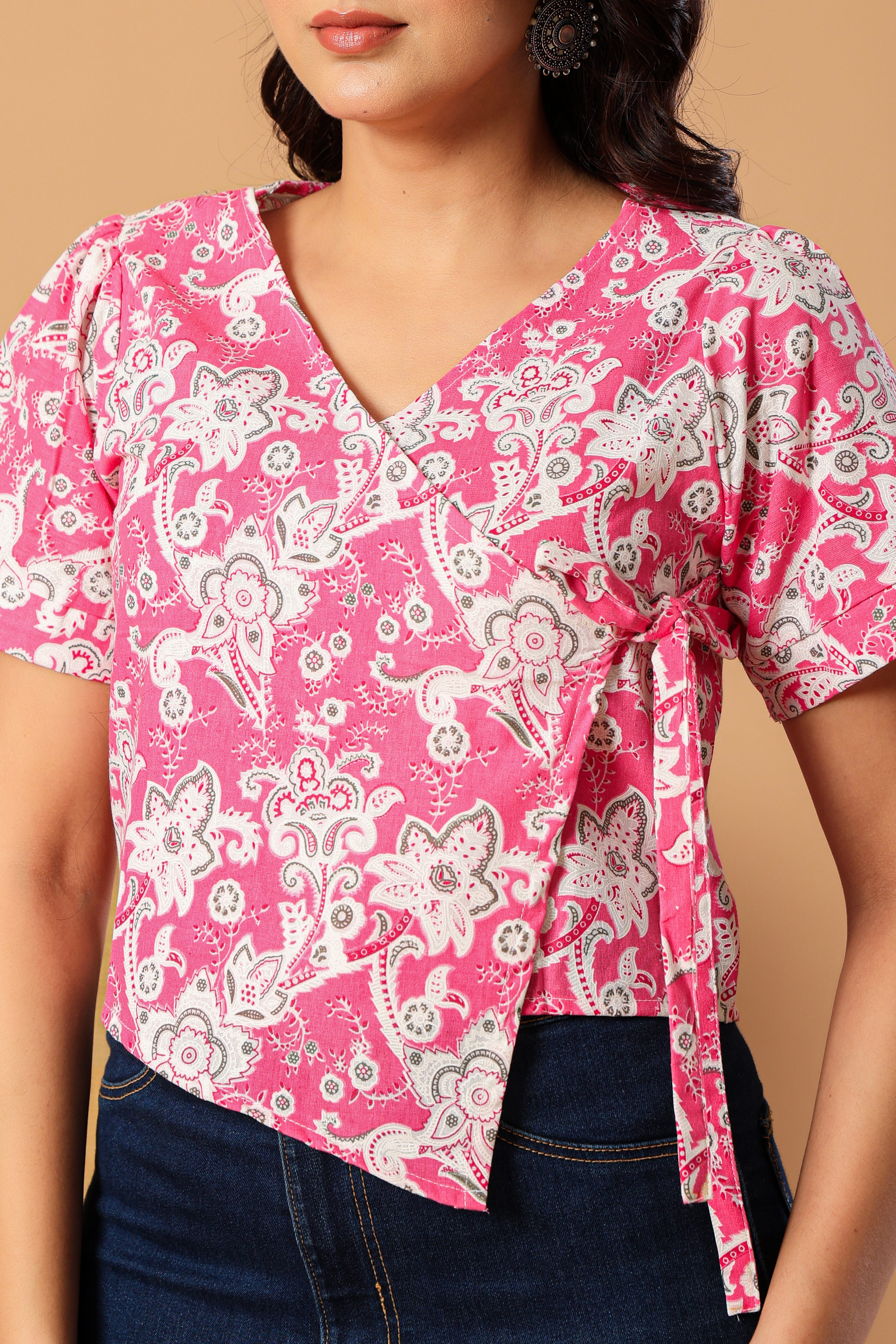 Women Pink Print Wrap Cotton Top