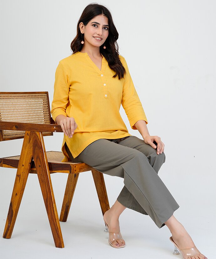 Yellow Airy Linen Short Kurti