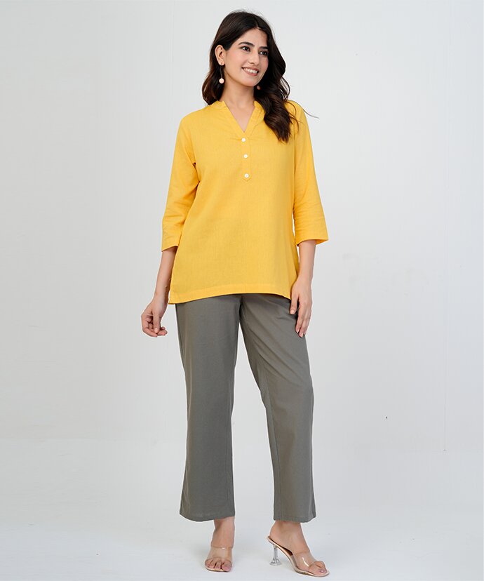 Yellow Airy Linen Short Kurti