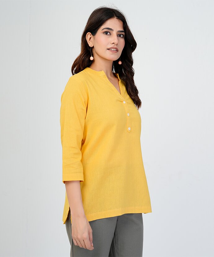 Yellow Airy Linen Short Kurti